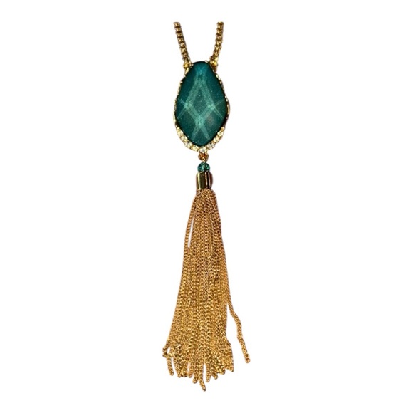 Jewelry - 🟨Gold Tone and Teal Pendant Necklace with Tassel. 32” chain + pendant.